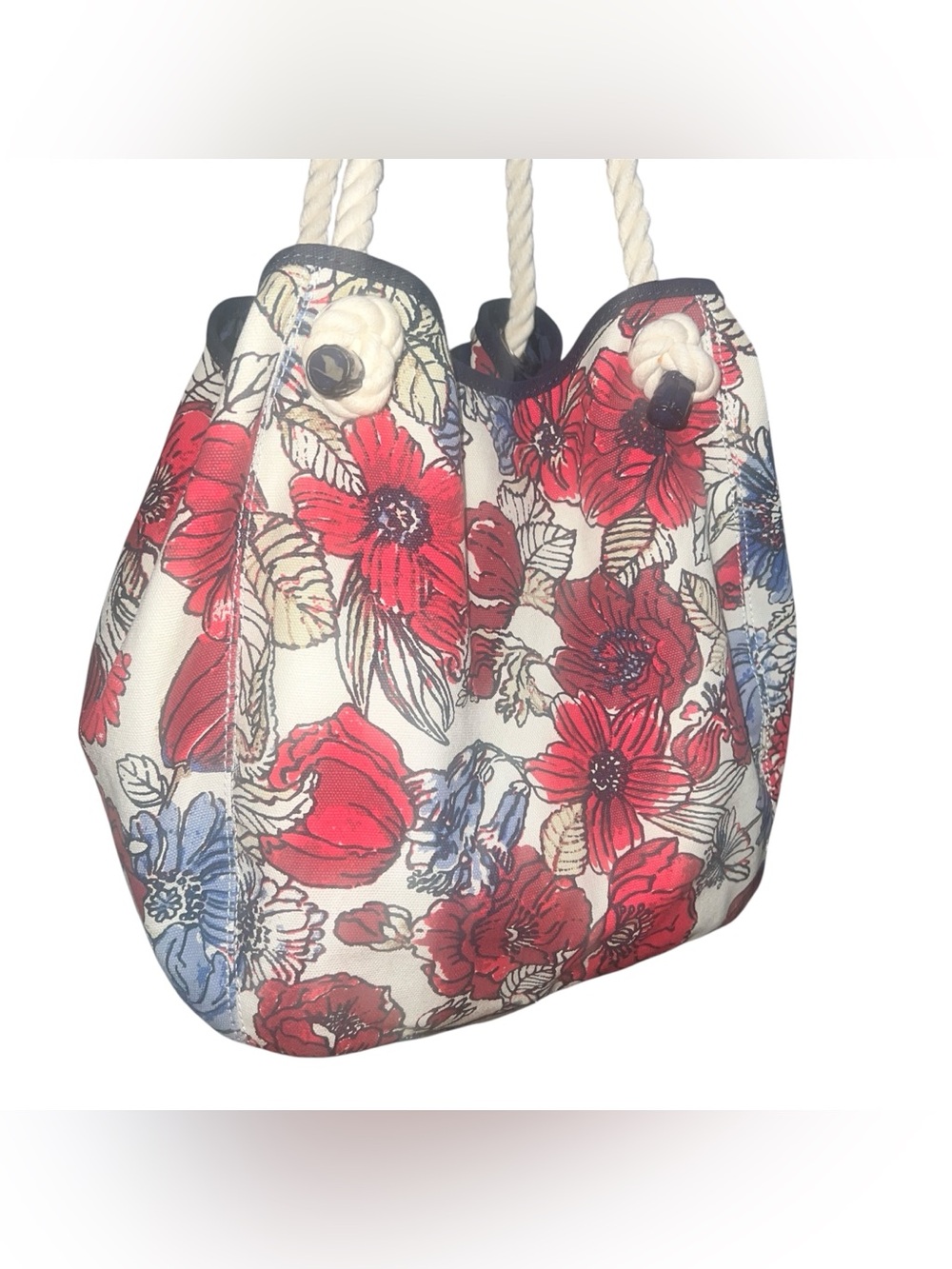 Tommy Hilfiger Red Blue Floral Canvas Large Tote Bag Purse Nautical Rope